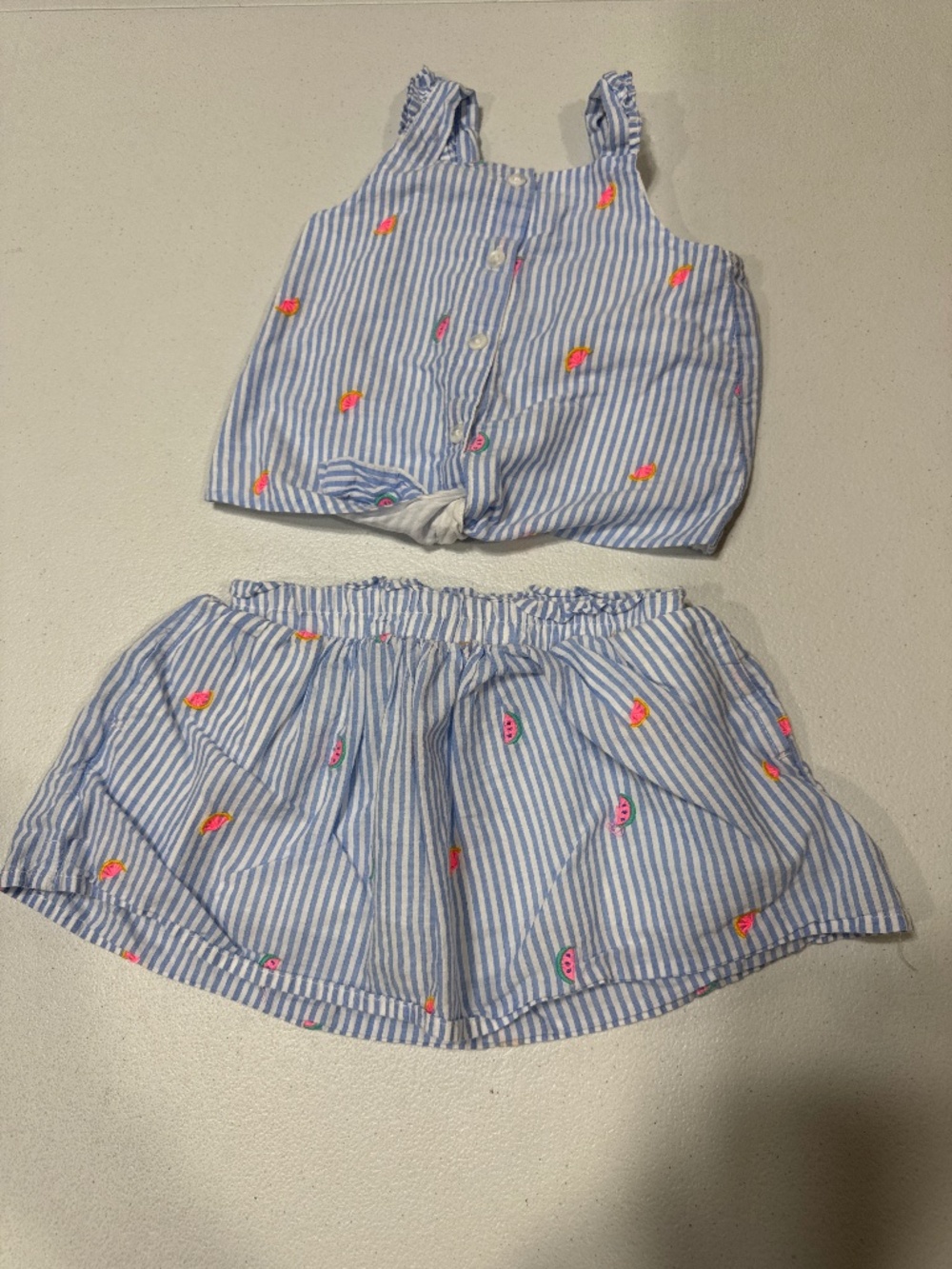 Cat & Jack Girls Size Striped Fruits print top and Skort Skirt Blue White